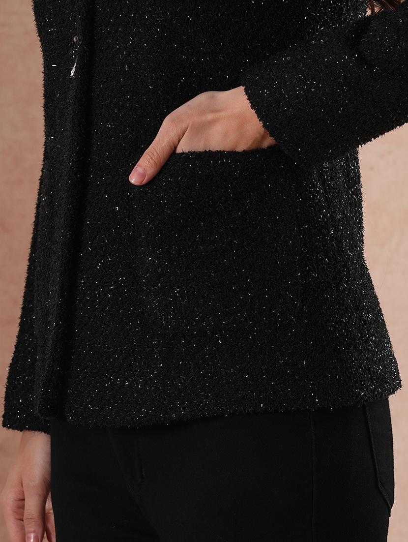 globus women black round neck long sleeves shimmer self design 2 pockets tailored fit winter wear overcoat - 21649578 - Standard Image - 5