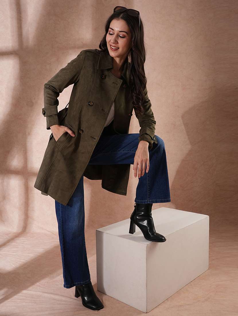 globus women olive spread collar long sleeves self design double breasted 2 pockets tailored fit winter wear belted pea coat - 21649583 -  Standard Image - 3