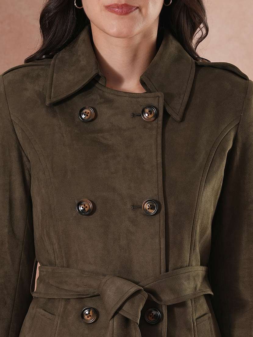 globus women olive spread collar long sleeves self design double breasted 2 pockets tailored fit winter wear belted pea coat - 21649583 -  Standard Image - 5