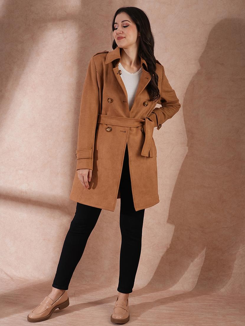 globus women beige spread collar long sleeves self design double breasted 2 pockets tailored fit winter wear belted pea coat - 21649584 - Standard Image - 3
