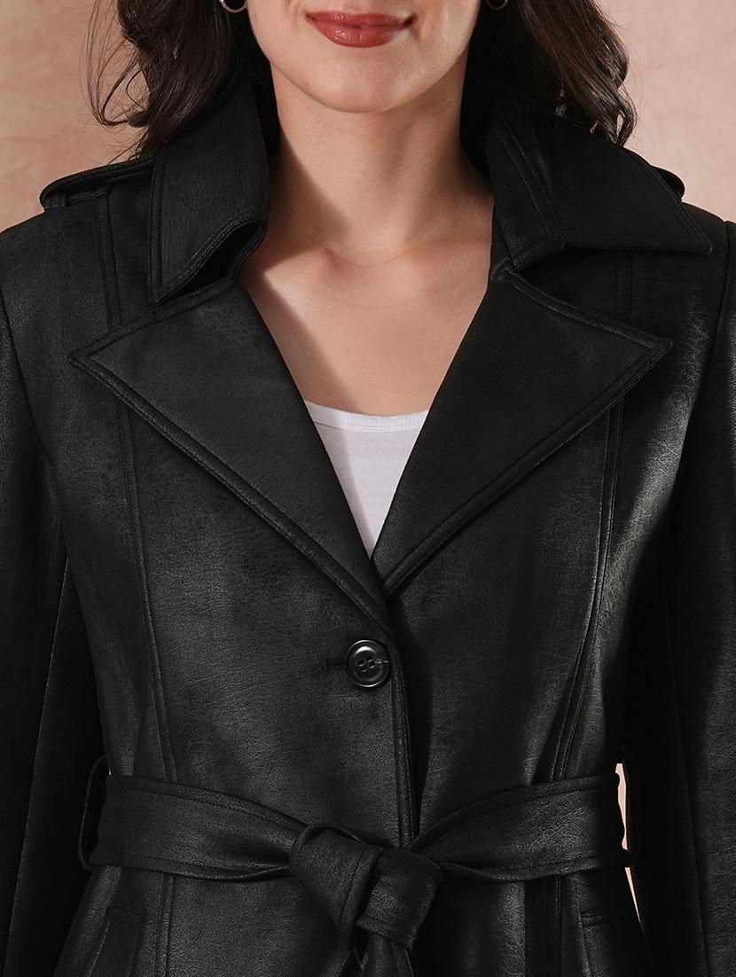 globus women black notch lapel long sleeves self design 2 pockets tailored fit winter wear belted trench coat - 21649585 - Standard Image - 5