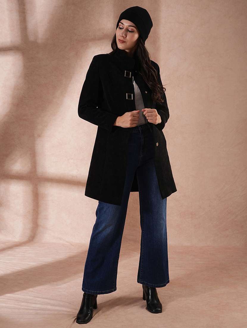 globus women black mock neck long sleeves self design 2 pockets tailored fit winter wear over coat - 21649586 -  Standard Image - 3