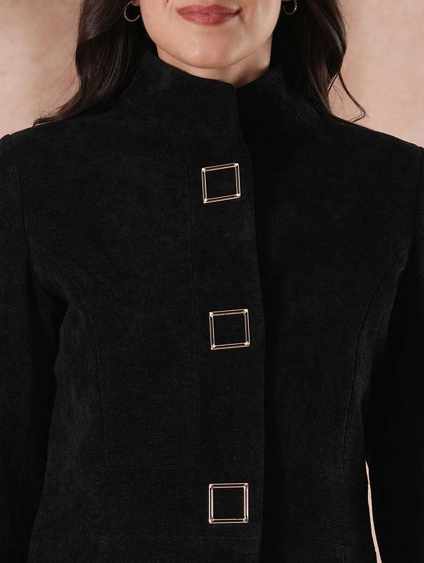 globus women black mock neck long sleeves self design 2 pockets tailored fit winter wear over coat - 21649586 -  Standard Image - 5