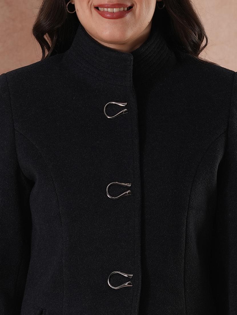 globus women black mock neck long sleeves self design 2 pockets tailored fit winter wear overcoat - 21649592 - Standard Image - 5