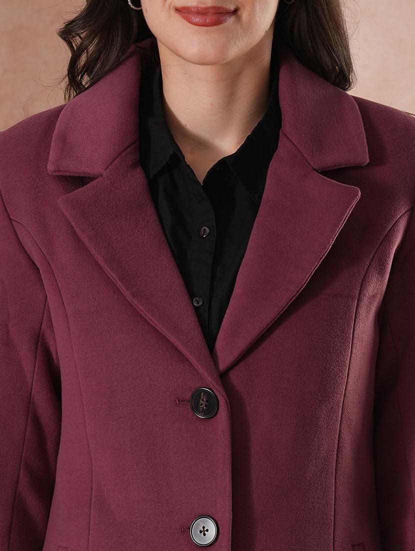 globus women mauve notched lapel long sleeves self design 2 pockets tailored fit winter wear pea coat - 21649600 - Standard Image - 5