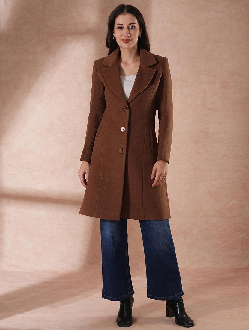 globus women beige notched lapel long sleeves self design 2 pockets tailored fit winter wear pea coat - 21649602 - Zoom Image - 0