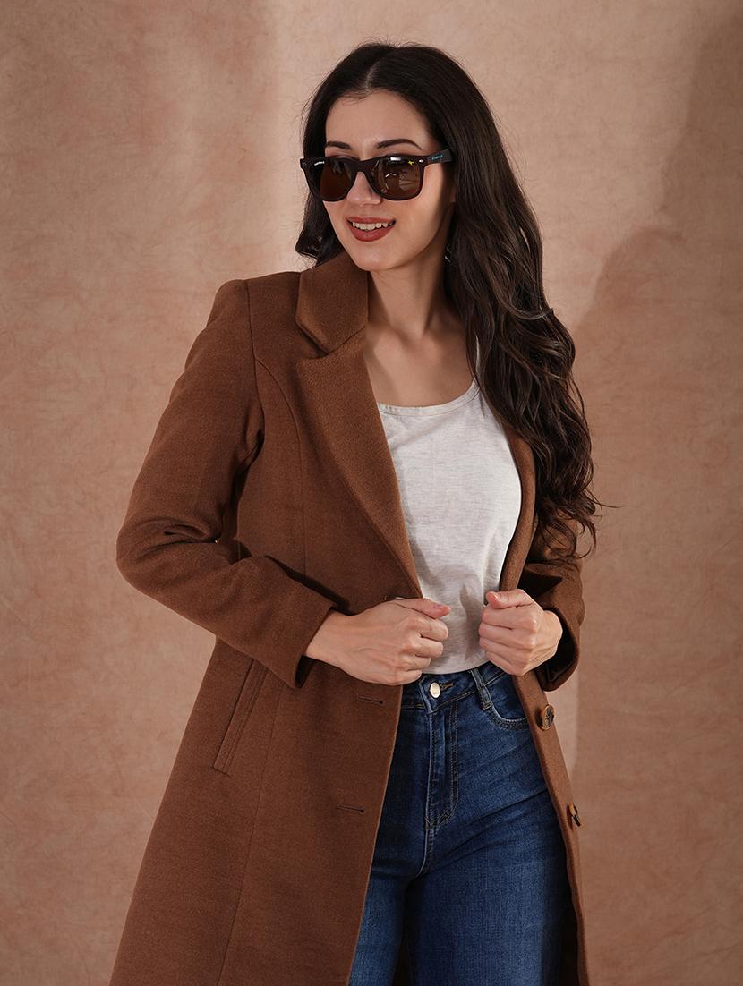 globus women beige notched lapel long sleeves self design 2 pockets tailored fit winter wear pea coat - 21649602 - Standard Image - 3