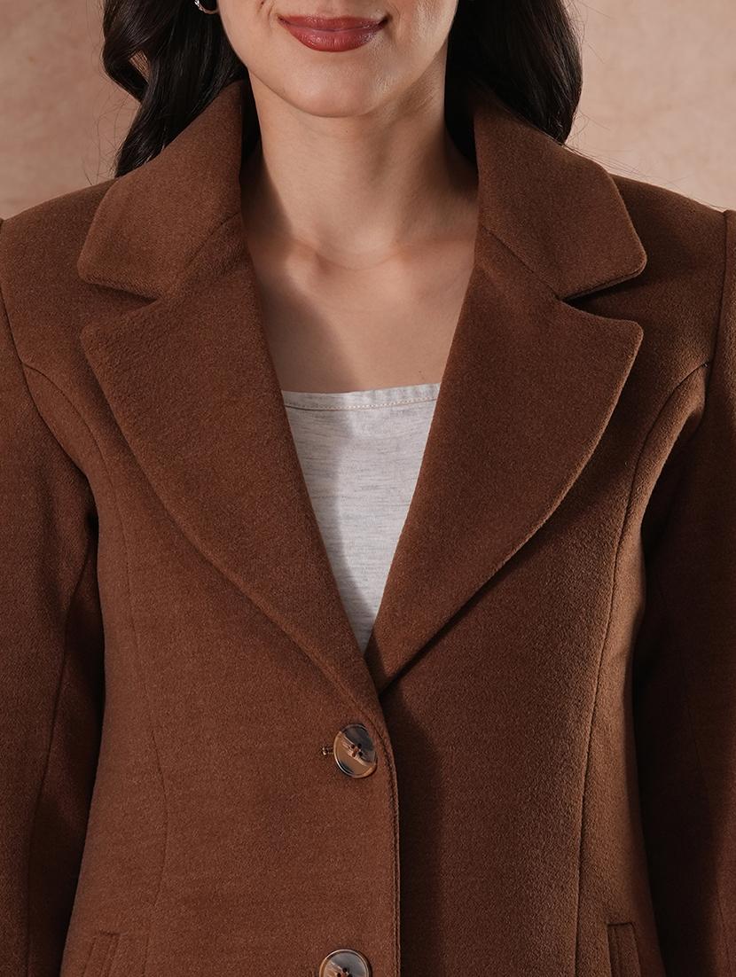 globus women beige notched lapel long sleeves self design 2 pockets tailored fit winter wear pea coat - 21649602 - Standard Image - 5