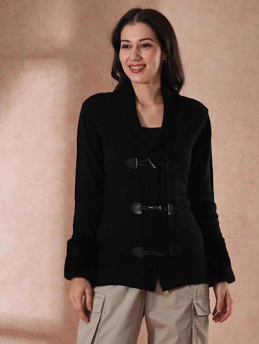 globus women black shawl collar faux fur cuffed sleeves front opening cardigan sweater - 21649607 - Zoom Image - 0