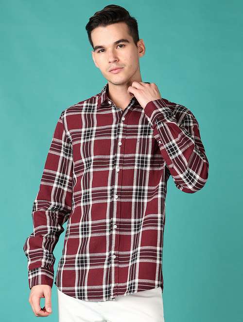 men maroon checks long sleeve casual shirt - 21649709 - Standard Image - 0