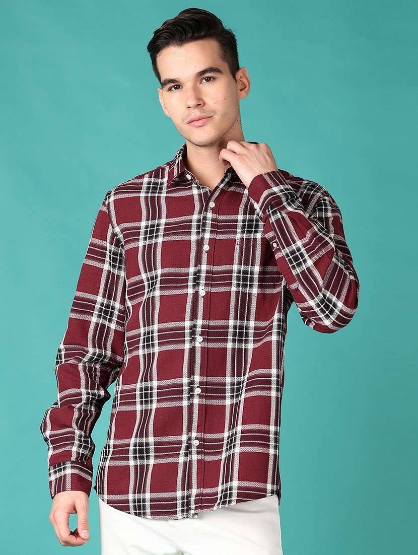 men maroon checks long sleeve casual shirt - 21649709 - Zoom Image - 0