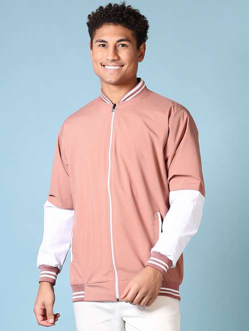 men peach solid long sleeve varsity jacket - 21649756 -  Standard Image - 0