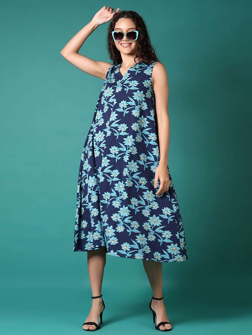 women printed sleeveless a-line dress