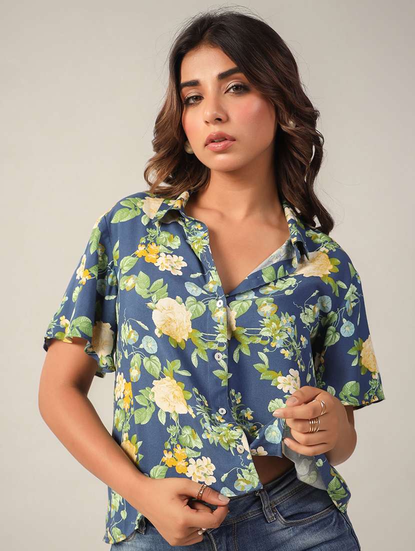 women floral print collared high low shirt