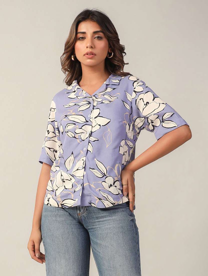 women floral print collared boxy shirt