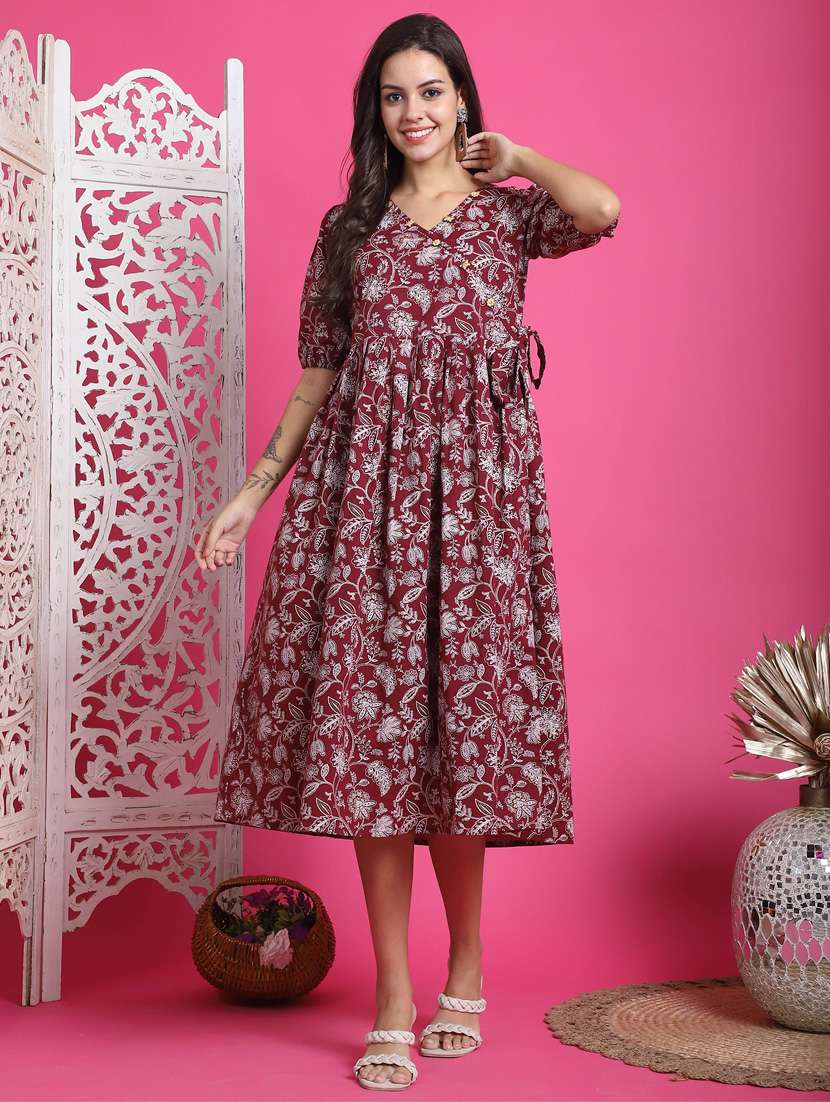 women printed cotton a-line dress