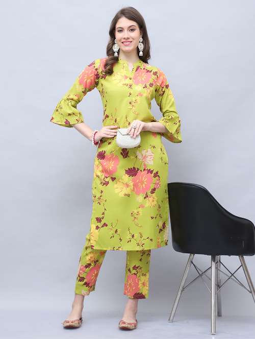 women lime floral mandarin neck kurta pant set - 21650363 -  Standard Image - 0