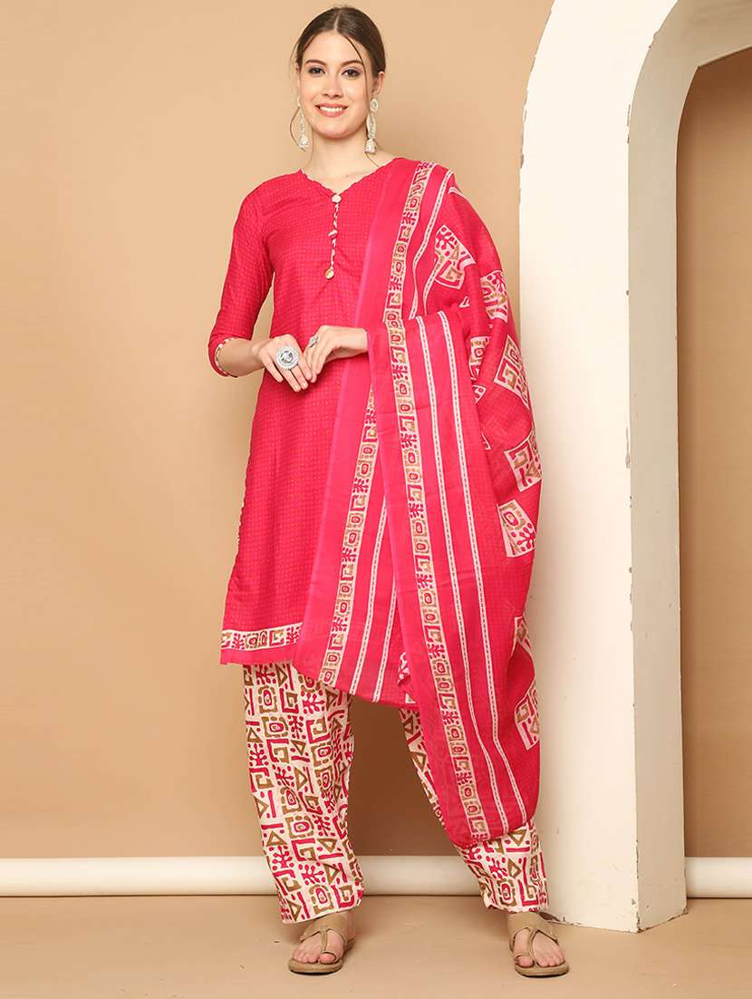 women pink printed kurta salwar set with dupatta