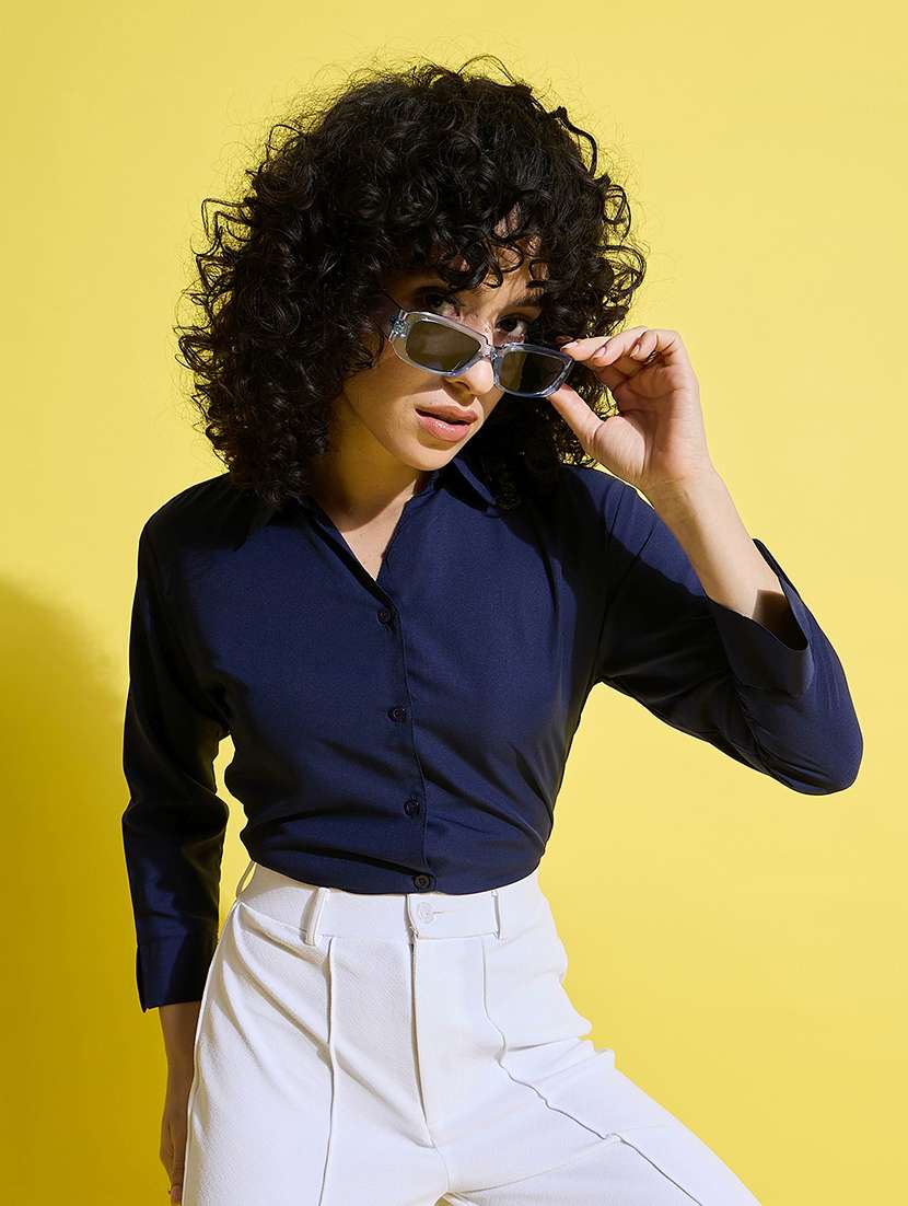 women solid collared long sleeves shirt - 21650755 -  Standard Image - 3