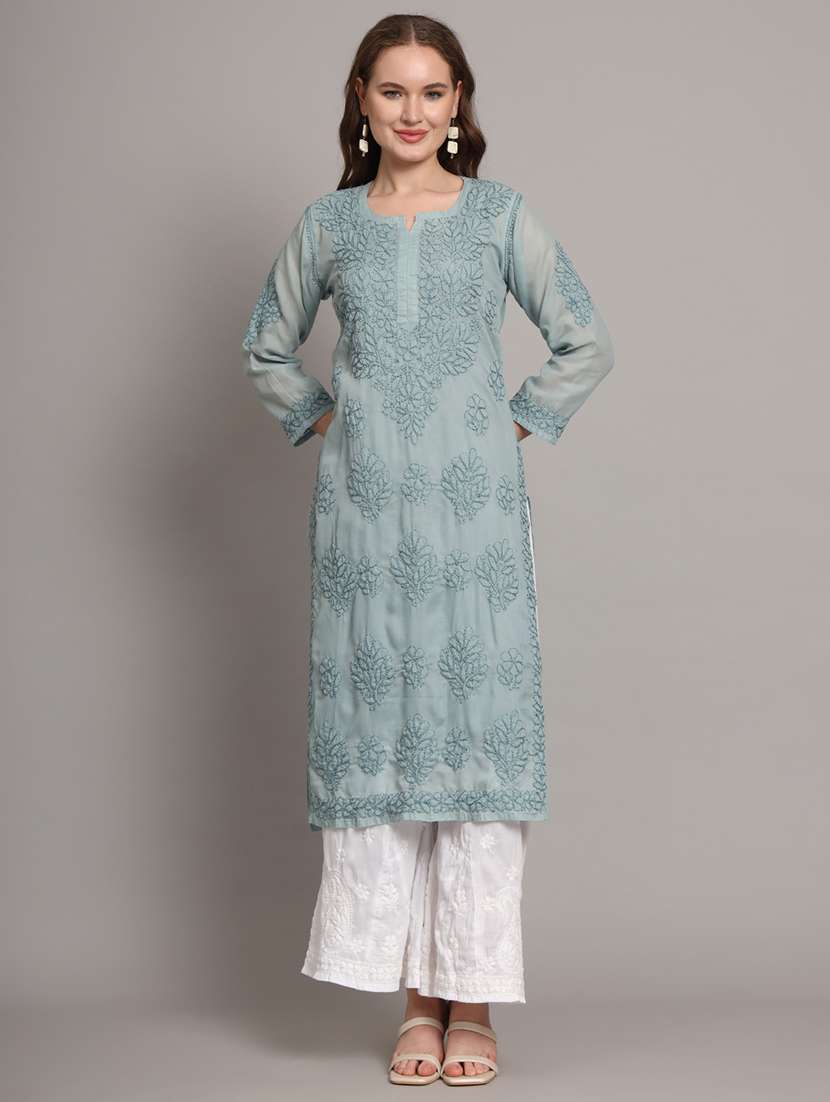 women chikankari three quarter sleeve straight kurta