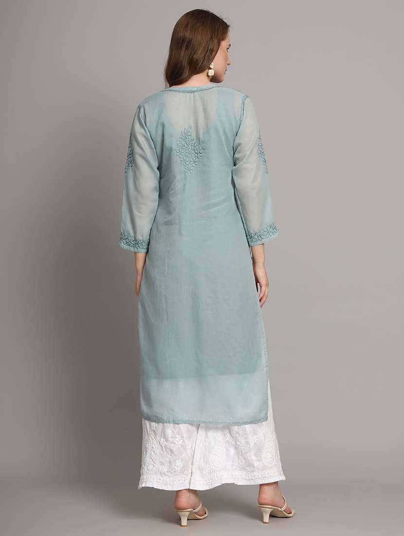 women chikankari three quarter sleeve straight kurta - 21650892 -  Standard Image - 3