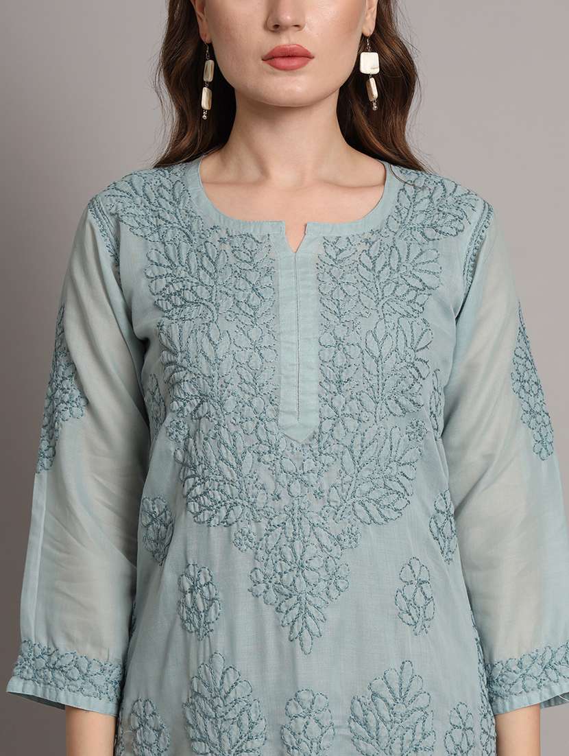 women chikankari three quarter sleeve straight kurta - 21650892 -  Standard Image - 5