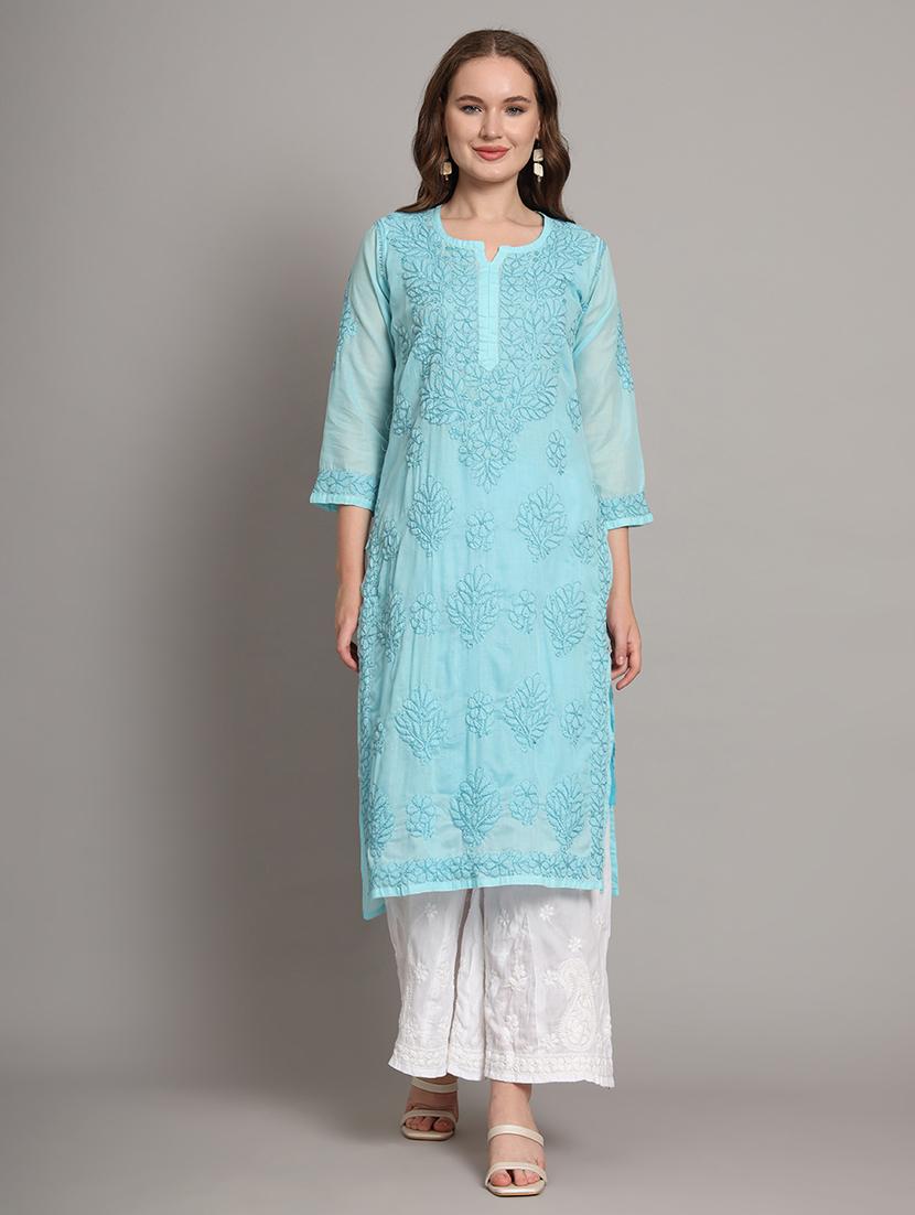 women chikankari three quarter sleeve straight kurta - 21650895 - Zoom Image - 0