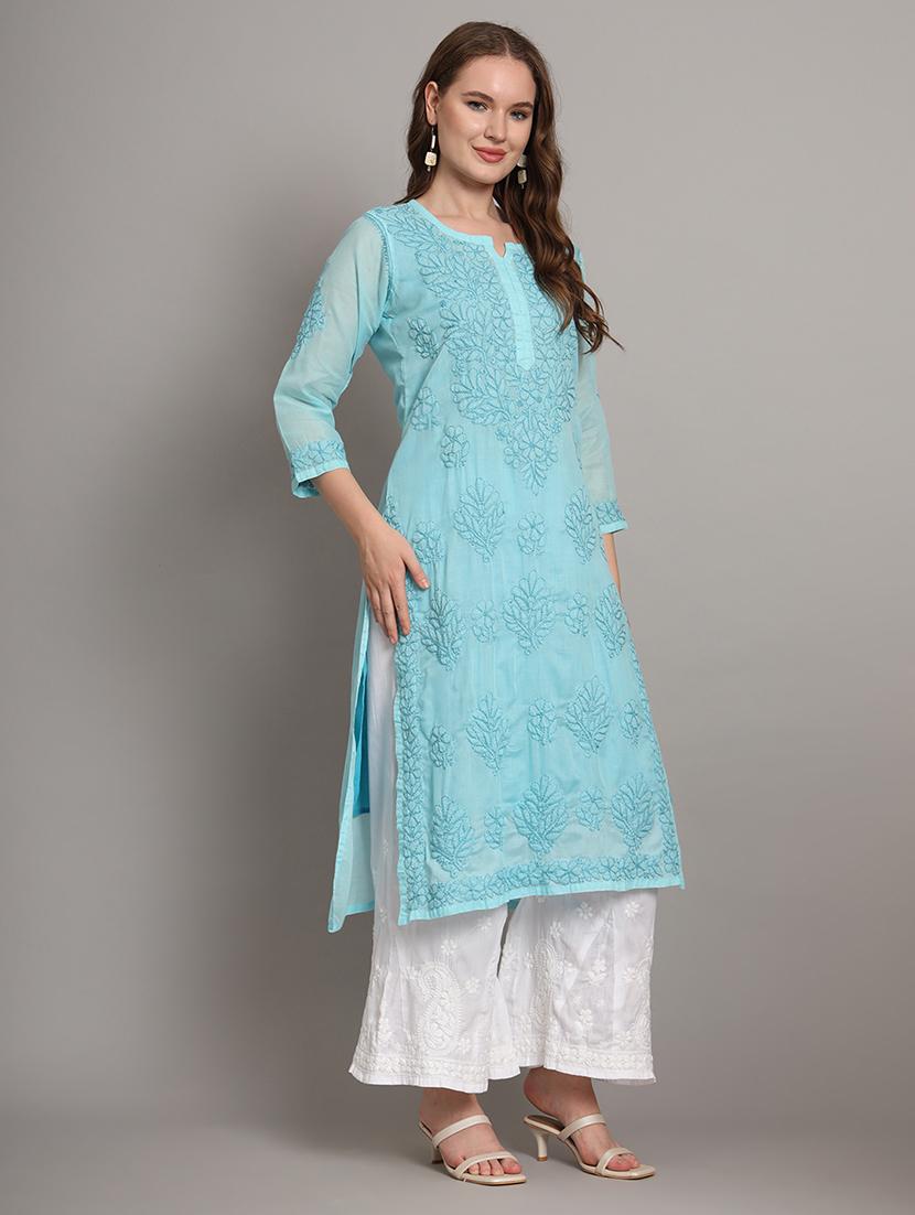 women chikankari three quarter sleeve straight kurta - 21650895 - Standard Image - 3