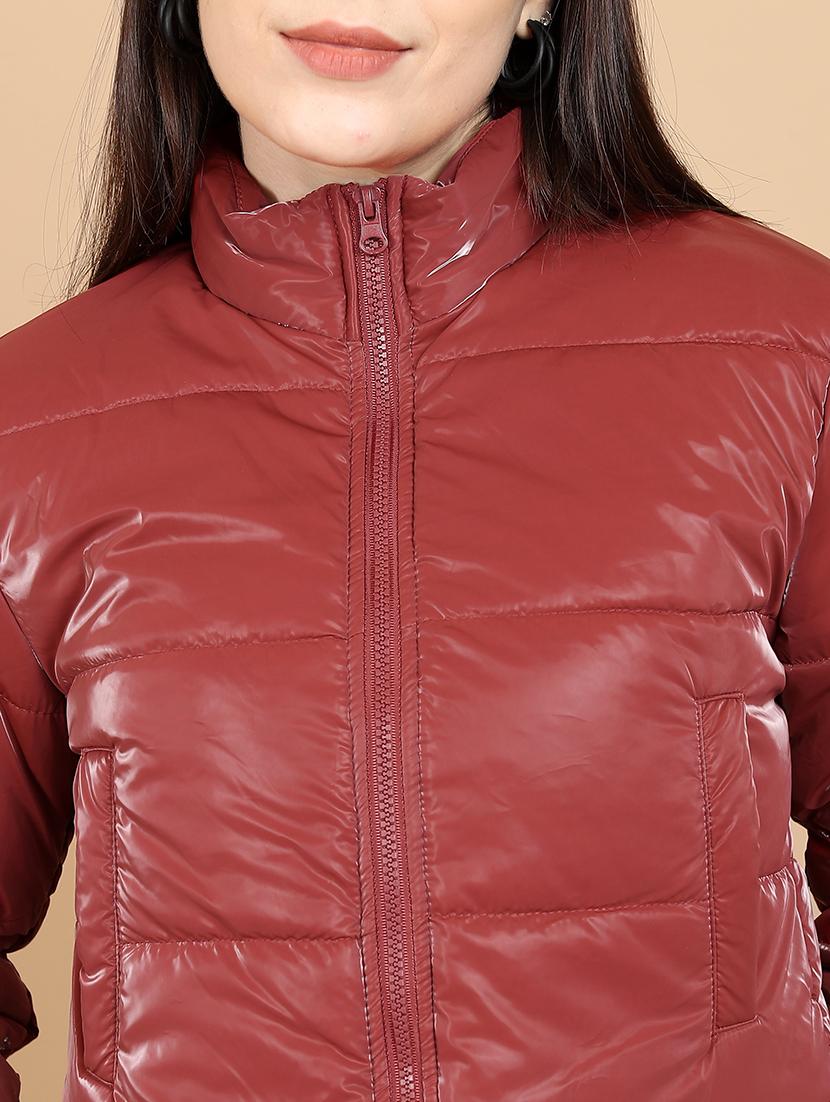 women red solid long sleeve puffer jacket - 21650962 - Standard Image - 3