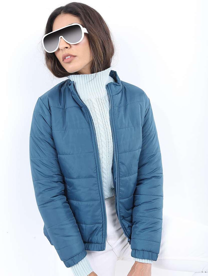 women solid long sleeves quilted jacket