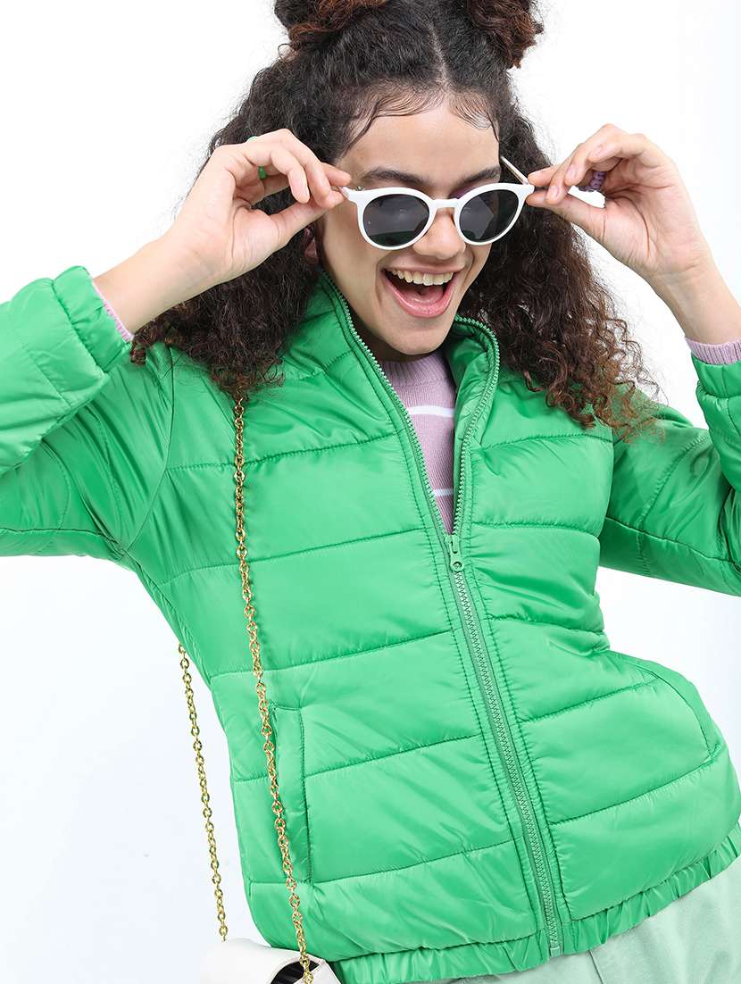 women solid long sleeves quilted jacket