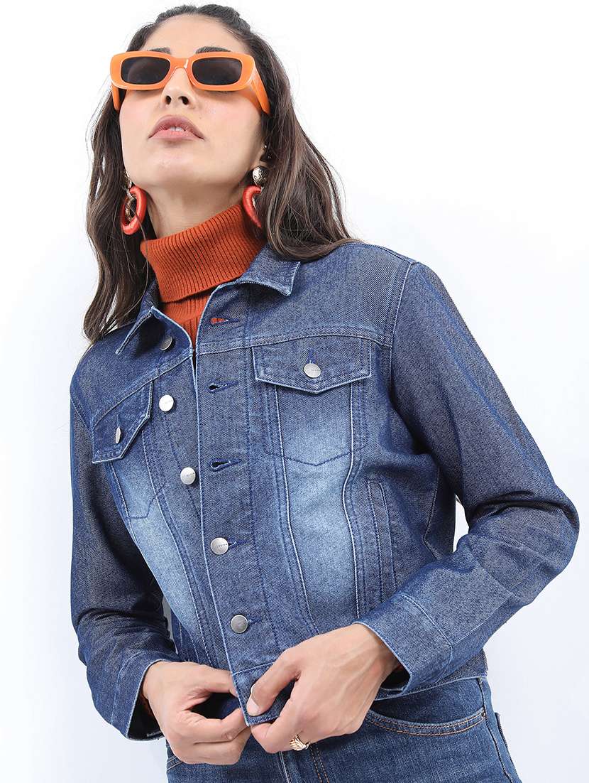 women long sleeves solid denim jacket