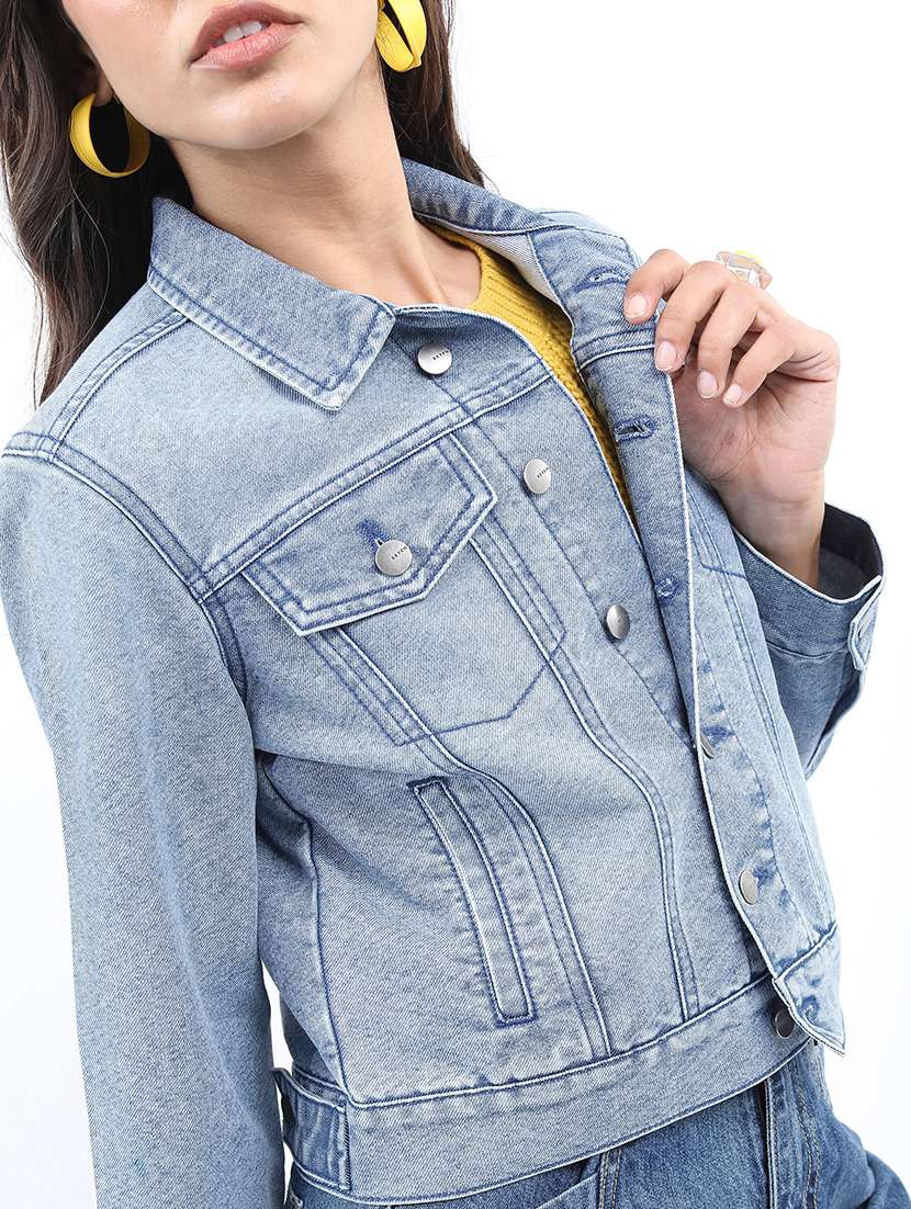 women long sleeves solid denim jacket - 21650995 - Standard Image - 3