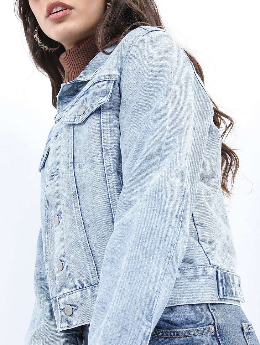 women long sleeves solid denim jacket - 21650996 - Standard Image - 3