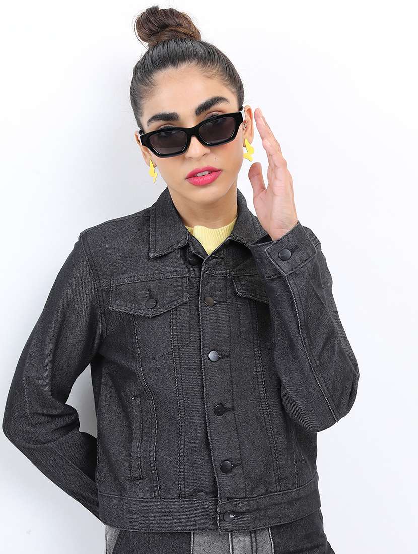women long sleeves solid denim jacket