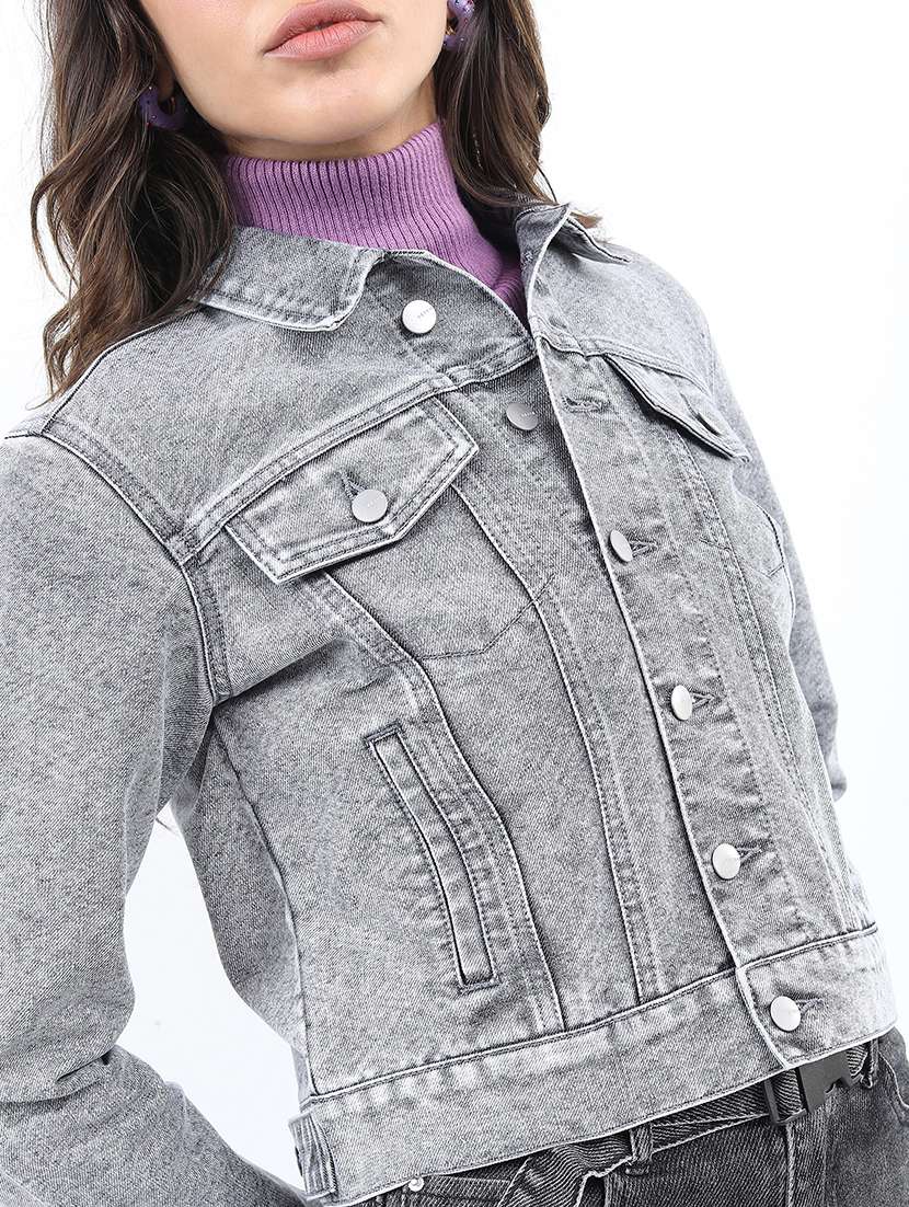 women long sleeves solid denim jacket - 21650999 -  Standard Image - 3