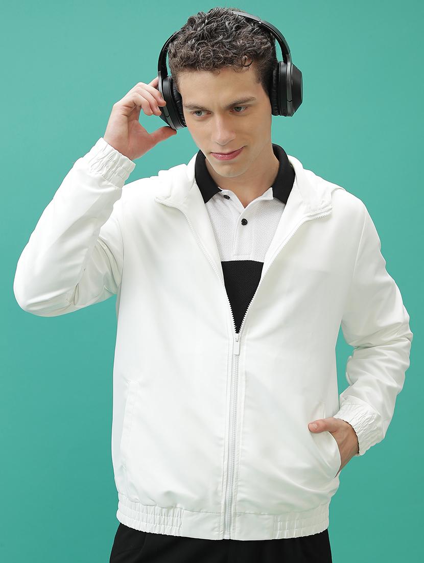 men solid long sleeve hood neck bomber jacket 