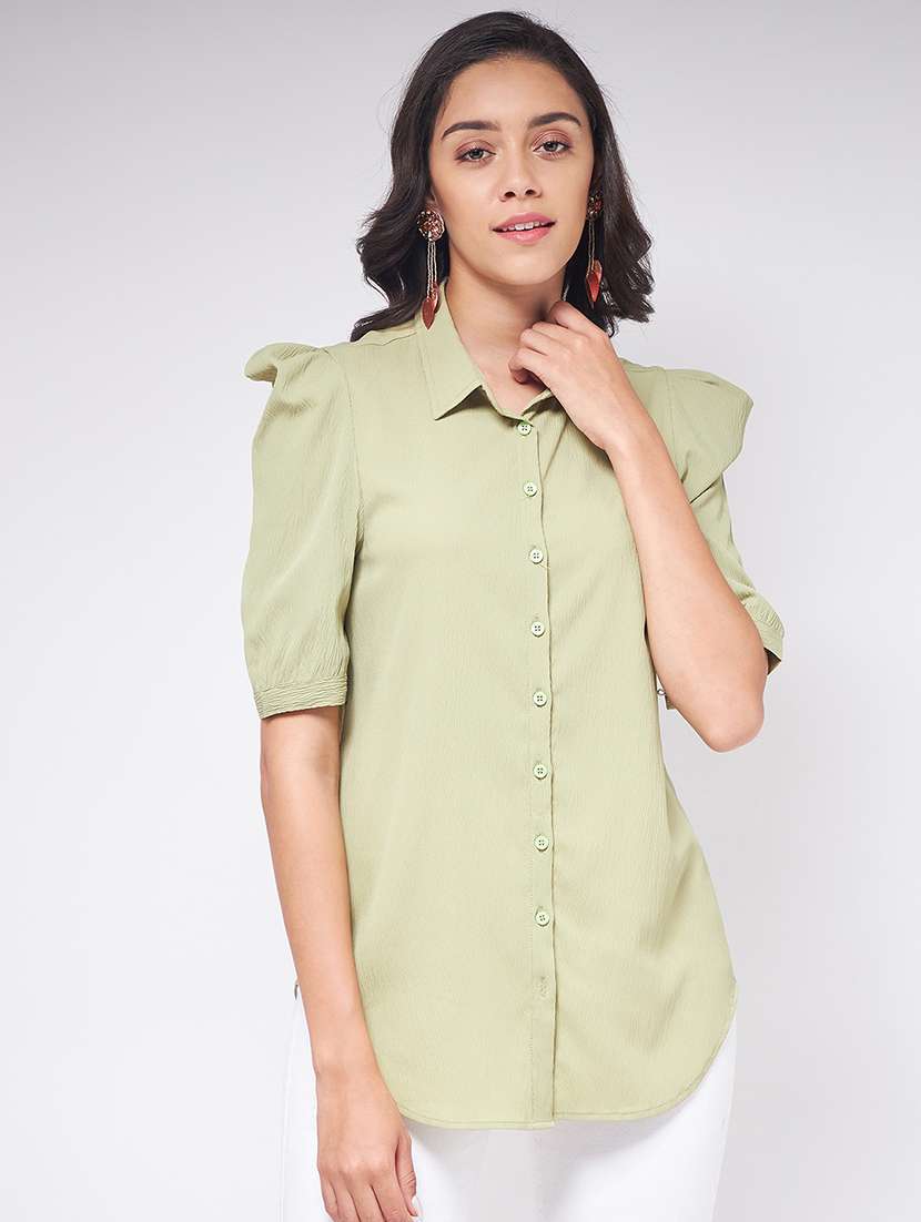 women solid puff sleeves shirt style top 