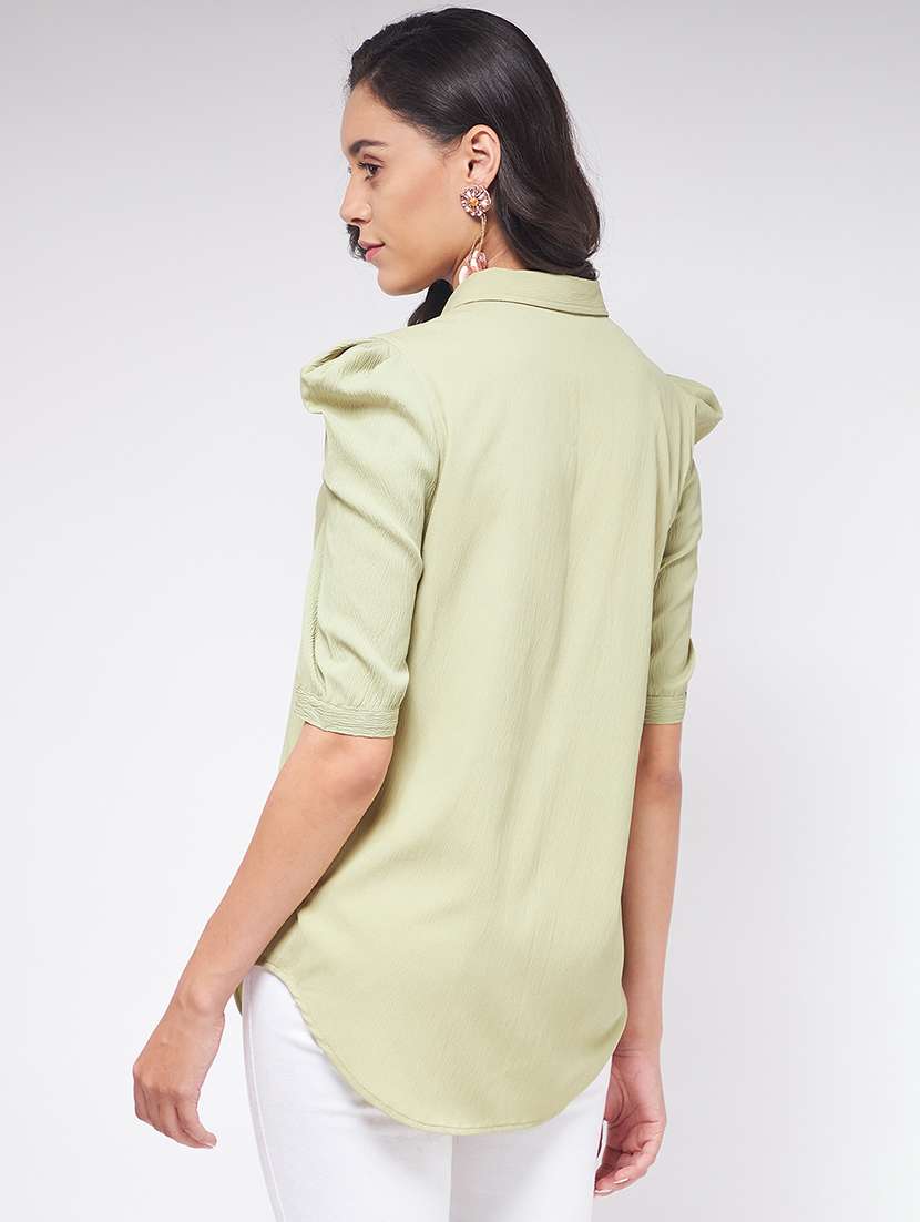 women solid puff sleeves shirt style top - 21651100 - Standard Image - 3