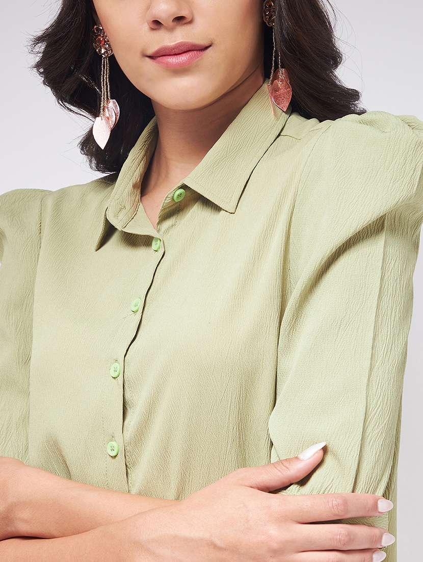 women solid puff sleeves shirt style top - 21651100 - Standard Image - 5