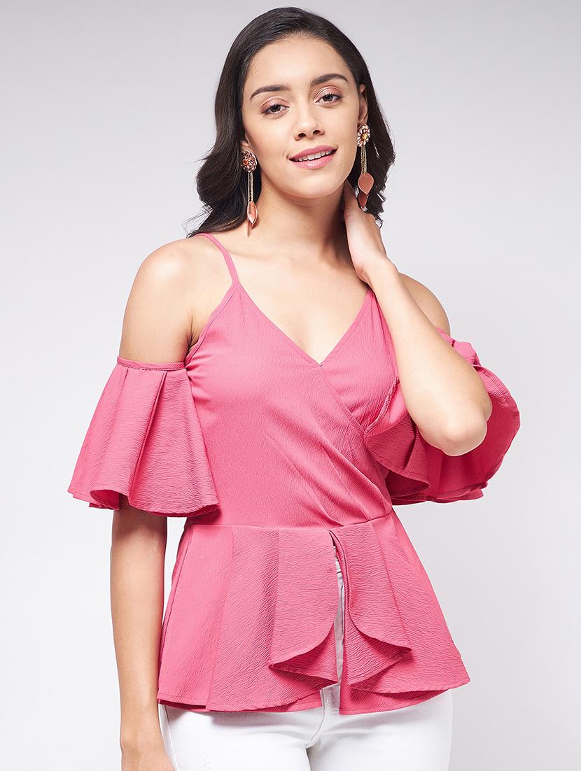 women solid colod shoulder pepelum top - 21651102 - Zoom Image - 0