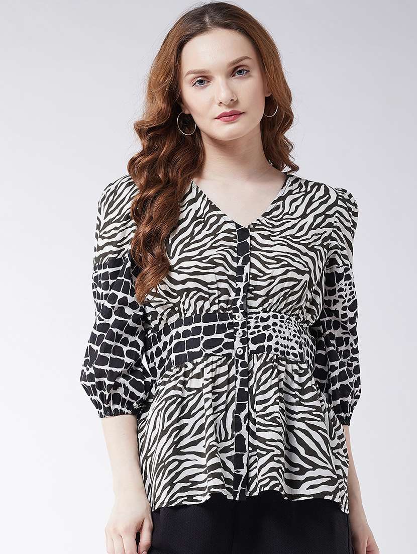 women animal print puff sleeves peplum top