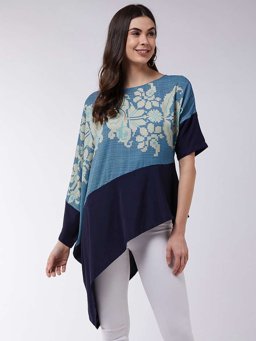 women printed round neck asymmetric top