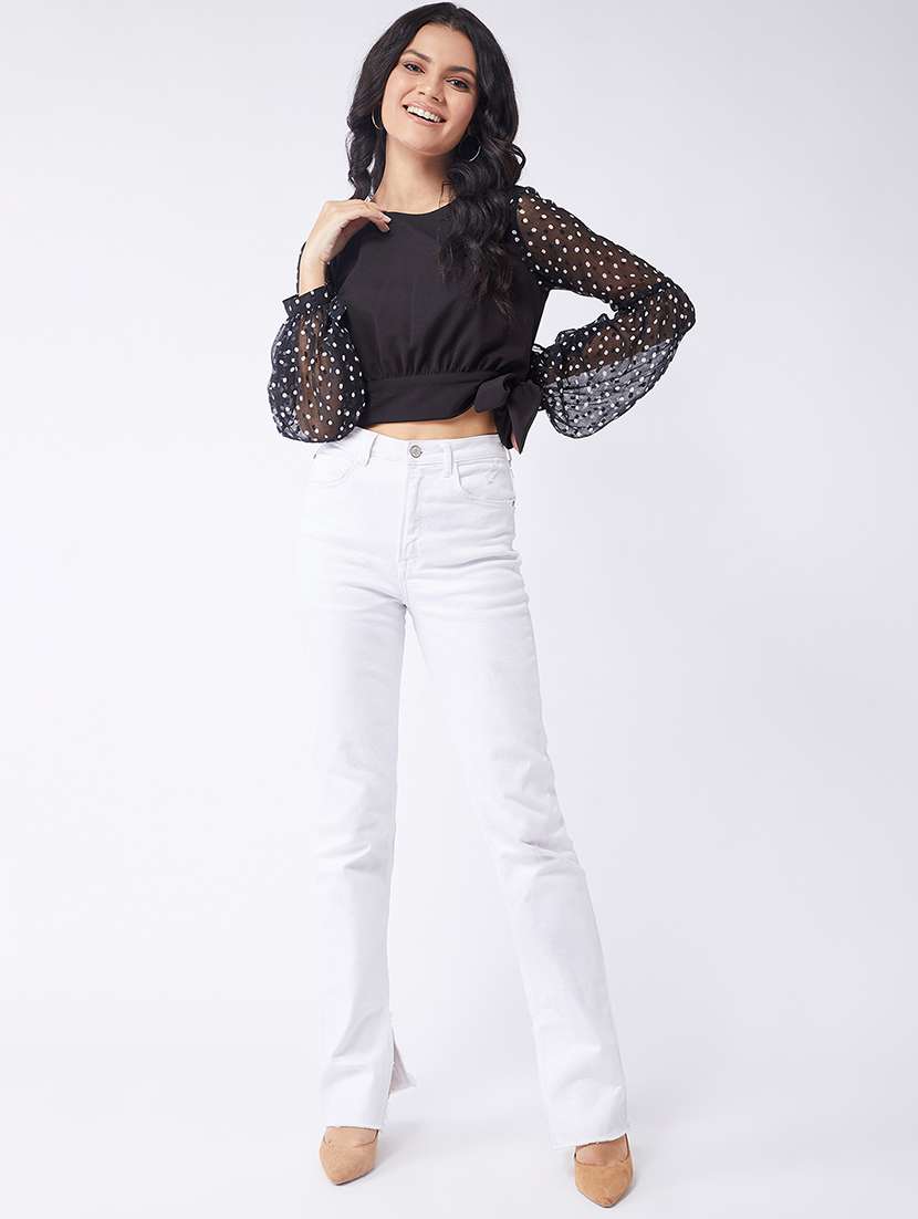 women polka doted puff sleeves crop top - 21651115 -  Standard Image - 3
