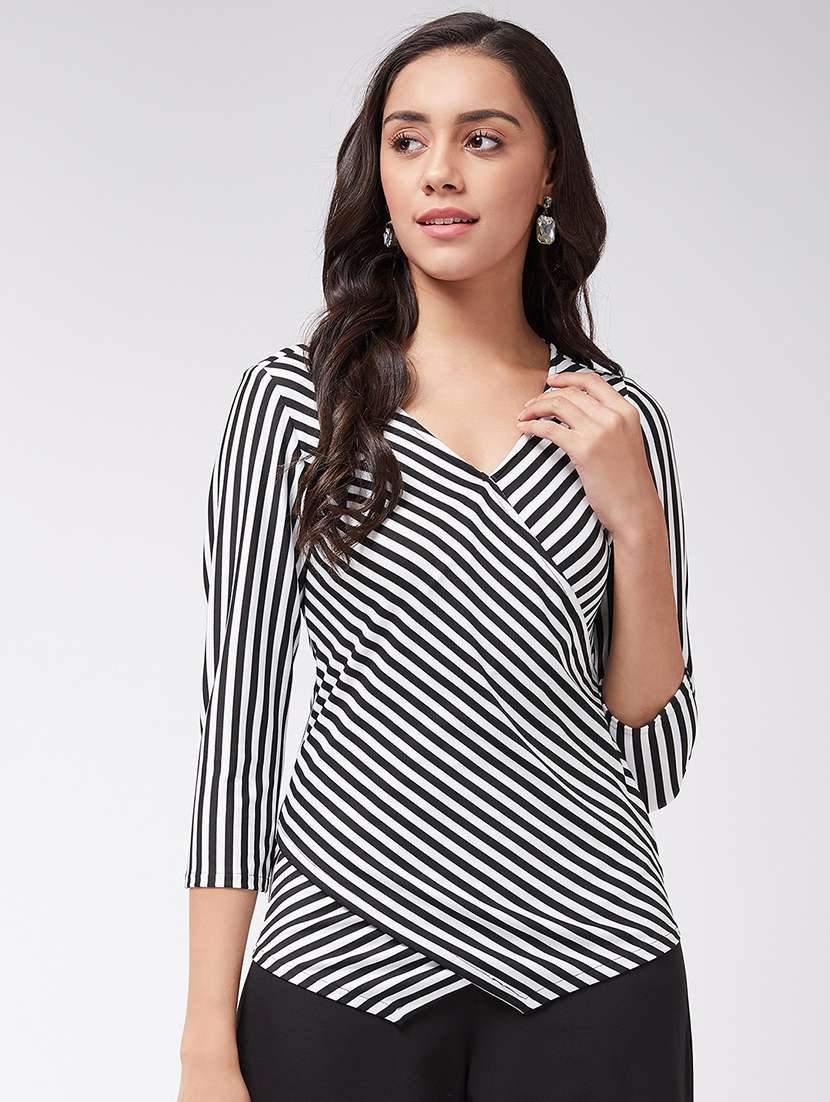 women striped overlap neck asymmetric top