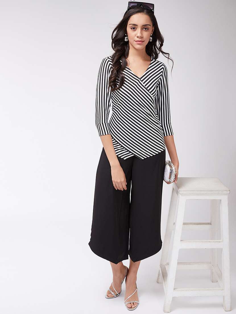 women striped overlap neck asymmetric top - 21651126 - Standard Image - 3