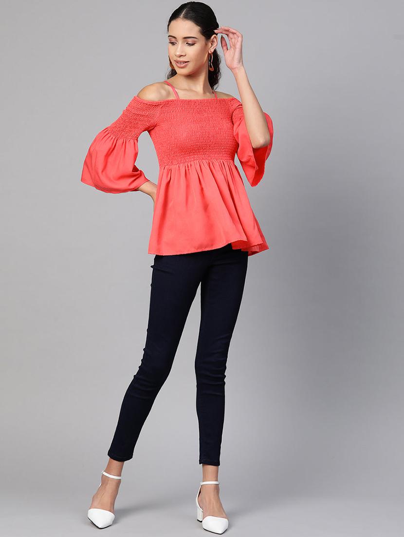 women solid smocked detailed off shoulder top - 21651130 - Standard Image - 3