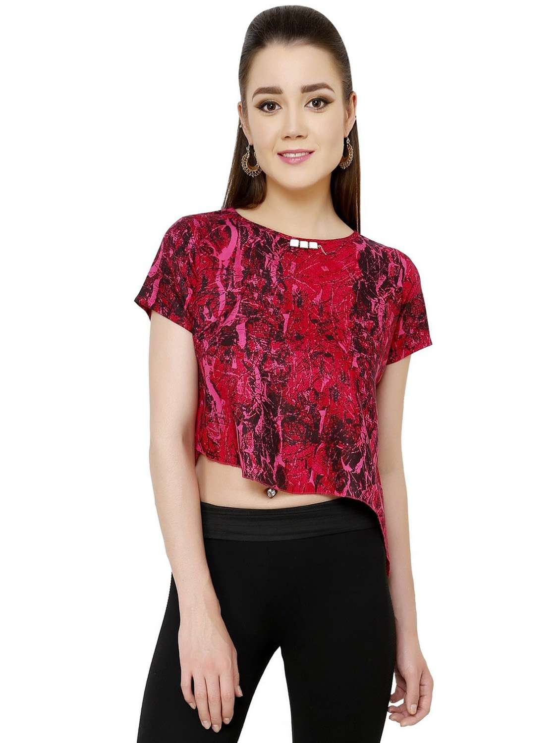 women pink printed round neck crop top