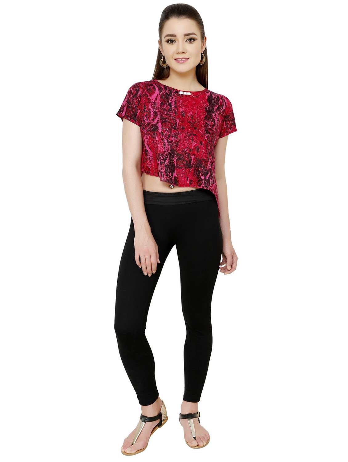 women pink printed round neck crop top - 21651224 - Standard Image - 3