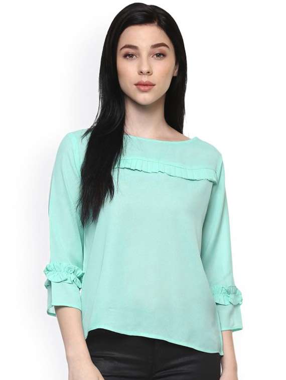 women light blue solid three quarter sleeve top